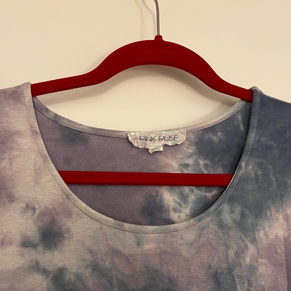 Tie-Dye Scoop Mini Dress with Puff Sleeve in Blue and Lavender - Picture 2 of 2